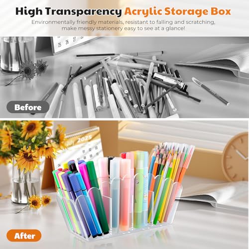 Novacrylion Scalloped Acrylic Pencil Holder – Clear Desk Organizer with 4 Compartments – Makeup Brush Holder & Remote Cadd...