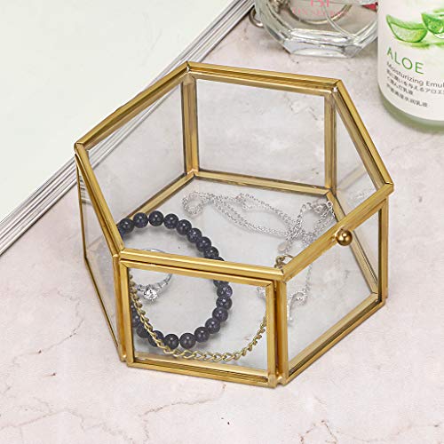 Hipiwe Preserved Flower Glass Box, Hexagon Glass Jewelry Decorative Bin, Ornate Trinket Display Organizer Case Keepsake Bo...