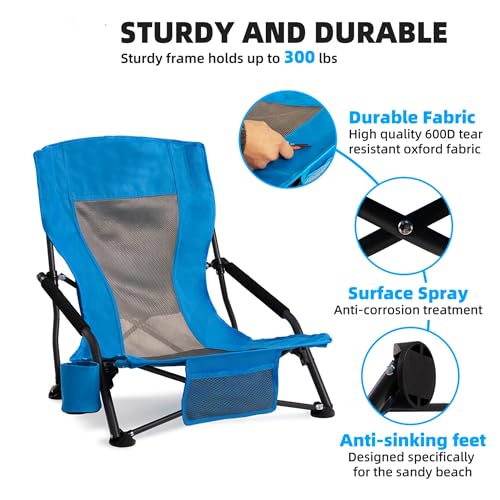 Foristrail Outdoor Beach Chair for Adults Set of 2 PCS Portable Lightweight Low Back Sling Chair with Cup Holder, 300lbs C...