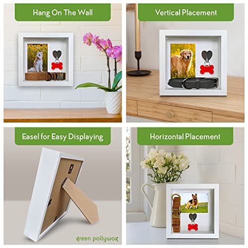 Green Pollywog Pet Memorial Shadowbox with Photo, Tag & Collar Display | White Frame with 4” x 6” Picture Opening | 10” x ...