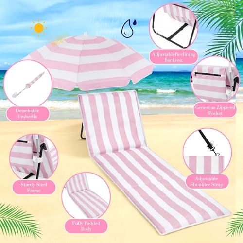 Briwooody 2 Set Beach Chairs with Umbrella Portable Beach Lounger Lightweight Foldable Outdoor Lounger Chair for Outdoor T...