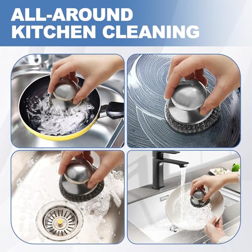 10Pcs Steel Wool Scrubber, Steel Wool Pads with 2Pcs Handle, Stainless Steel Scrubber for Dishes, Kitchen, Cleaning, Stove...