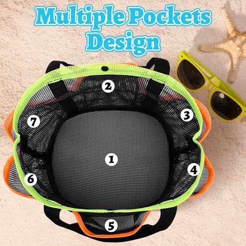 GQIRIL Mesh Beach Bag, Foldable Waterproof Sandproof Beach Storage Tote with 6 Pockets, Swim Tropical Vacation Pool Essential