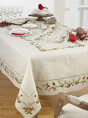 SARO LIFESTYLE 1851.N67104B Joyeuses Fêtes Collection Holiday Tablecloth With Embroidered Pinecone And Holly Design 67" x ...