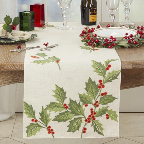 SARO LIFESTYLE Sudri Collection Evergreen Holly Leaves Table Runner, 16"x70", Natural