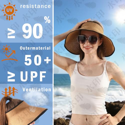 Sun Visors for Women Wide Brim Beach Hat Foldable Straw Visor Hat Ponytail Summer Packable