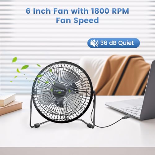 Fanspex 6" USB Desk Fan, Small Desktop Fans for Home Office Bedroom, Metal Construction with 360° Adjust Tilt, 1800 RPM Fa...