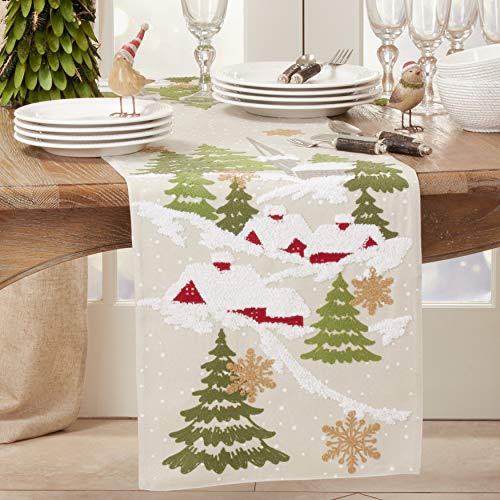 SARO LIFESTYLE Bennett Collection Embroidered Christmas Mountain Table Runner, 16" x 70", Natural