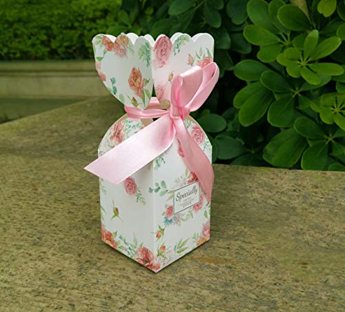 Lontenrea 50 Pcs Floral Pattern Candy Boxes Wedding Birthday Party Favor Gift Box with 50pcs Light Pink Ribbon