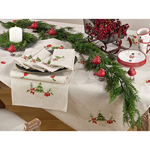 SARO LIFESTYLE Arbre de Noël Collection Embroidered Christmas Tree Design Linen Blend Table Runner, 16" x 120", Natural