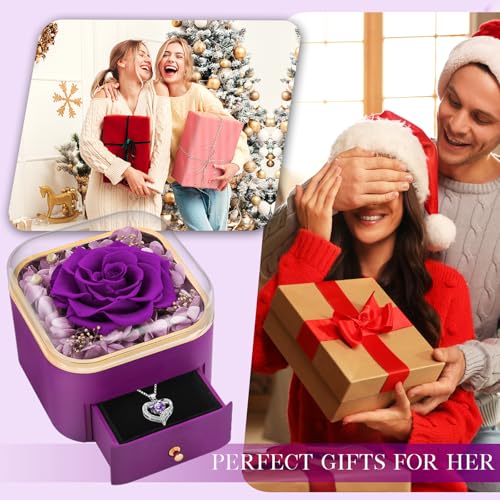 Beferr Birthday Gifts for Women Preserved Real Rose with Necklace Eternal Purple Roses Forever Flowers for Delivery Annive...