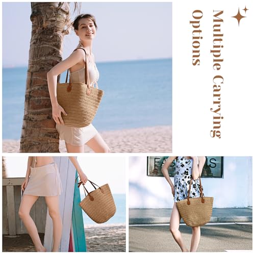 Pleneal Straw Beach Bags for Women - Women Beach Handmade Woven Tote Bag, Summer Mesh Hollow Shoulder Bag for Holiday