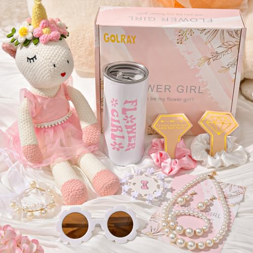 Golray Flower Girl Proposal Gifts Set, Will You Be My Flower Girl Gift with 16in Knitted Unicorn/ 15oz Cup/Floral Sunglass...