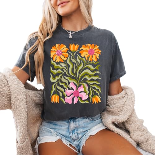 Retro 70s Floral Design - Womens Comfort Colors - Pepper Grey Groovy Botanical Wildflower Graphic Tee