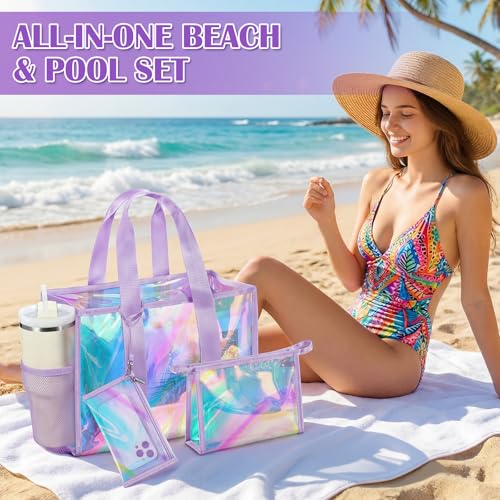 ComfyKit Iridescent Beach Bag for Women,PVC Pool Bag with Cosmetic Pouch&Phone Pouch,Summer Beach Tote for Travel & Vacation