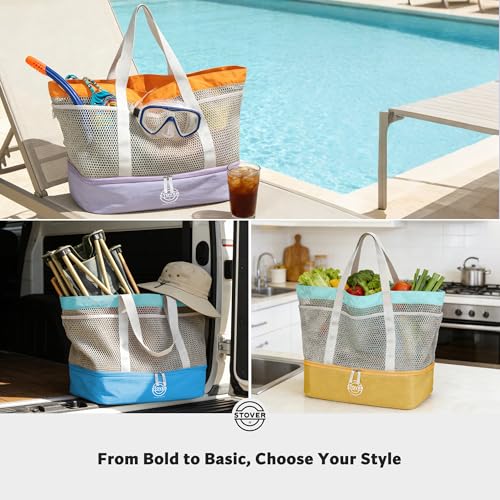 STOVER Extra Large Mesh Beach Bag, Vacation, Pool, Shopping & Travel Tote - Foldable w/Storage Pouch & Pockets for Women, Men