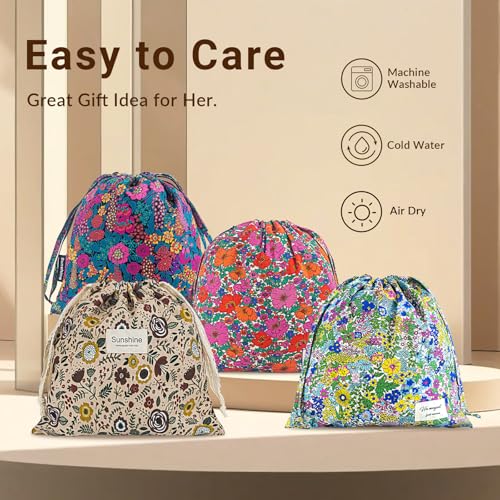 RoyYam 4-Pack Cotton Drawstring Gift Bags, 10.2" x 11" Floral Fabric Gift Pouches, Reusable Muslin Storage Sacks for Trave...