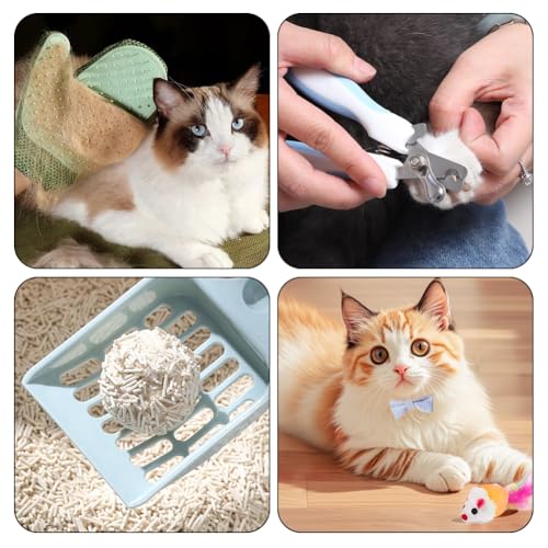 Kitten Starter Kit - 16 Pcs Cat Essentials Set Includes Litter Box, Toys, Collars, Scratch Pad, Nail File, Automatic Feed ...