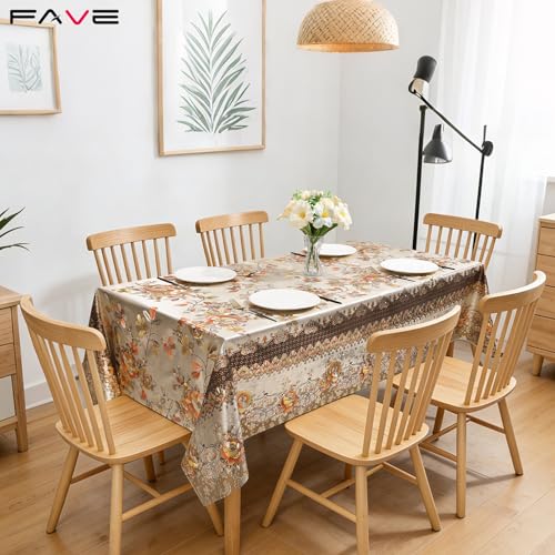FAVE Peony Gold Tablecloths Vinyl Tablecloth for Kitchen Dining Table Wipeable PVC Tablecloth Cover for Wedding, Banquet, ...
