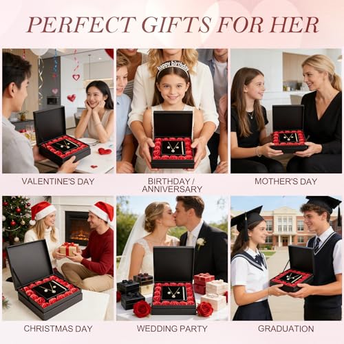 WDS WONDROUS Preserved Rose Jewelry Set for Women, 4-Piece Red Rose Gift Box with Necklace Earrings Bracelet, Valentines D...