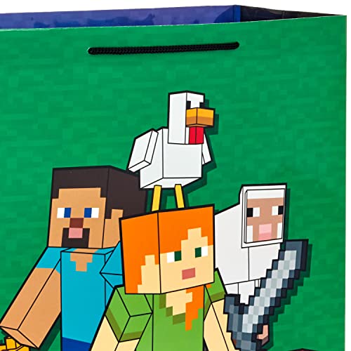 Hallmark Minecraft Gift Bag Bundle (2 Bags: 13" Large Blue Bag, 15" Extra Large Green) for Birthdays, Christmas, Valentin...
