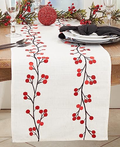 Holiday Cheer Embroidered Berry Table Runner