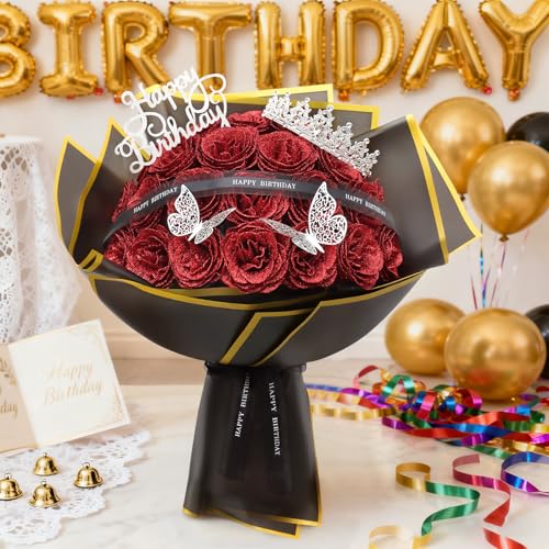 MEIVINES Glitter Roses Bouquet,Birthday Gifts for Women Mom,DIY Fake Flowers Bouquet with Birthday Stand-Up Signs,24 Red R...