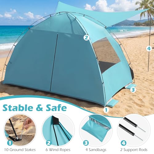 Tangkula 3/4/5/6 Person Pop Up Beach Tent with Canopy, UPF50+ Silver-Coated Lightweight Beach Sun Shelter with Extended Fl...
