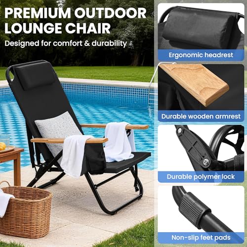 Canpsky 2 Pack Premium 5-Position Reclining Camping Chair - Portable Folding Lightweight Outdoor Chair with Wooden Armrest...