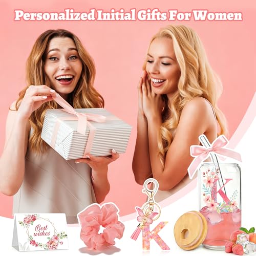 YSDZDM Personalized Initial Gifts Set For Women Customized Monogrammed Glass Cups with Bamboo Lids and Straws Cute Floral ...