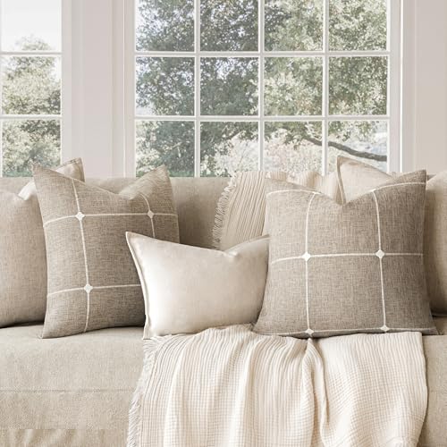 Foindtower Pack of 2 Decorative Faux Linen Jacquard Check Throw Pillow Covers Farmhouse Cushion Cover with Grid Textured A...
