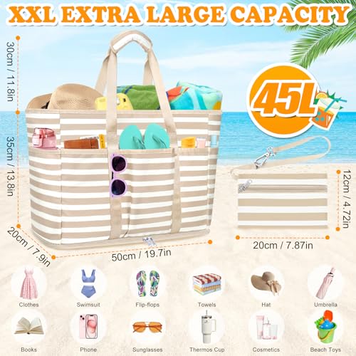 TEUEN Large Beach Bag with Zipper, 12 Pockets Waterproof Sandproof Pool Bag Womens Mesh Beach Tote Bag for Travel Vacation