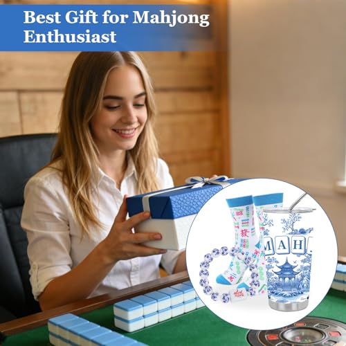 Koazava 4 Pcs Mahjong Gifts Set, Stainless Steel Tumbler Socks Bracelet Gift Box Set for Women Man, Mahjong Party Accessor...