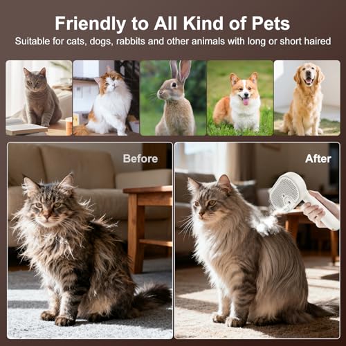 Pet Steam Brush for Dog & Cat, 3-in-1 Self Cleaning Cat Brush for Long & Short Haired Animals Low Noise, Anti-Static & Ant...