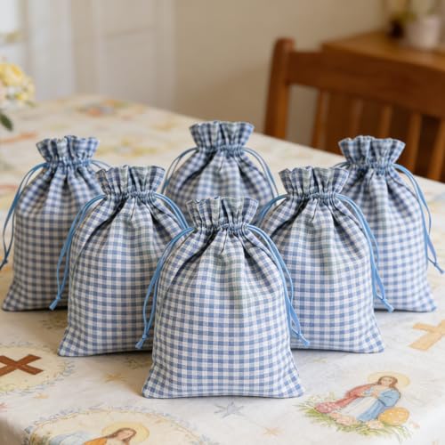 Meseey 5 Pcs Buffalo Plaid Burlap Gift Bags with Drawstring (6Wx8L, Blue-White Plaid) Reusable Gingham Sacks Gift Pouch Ba...