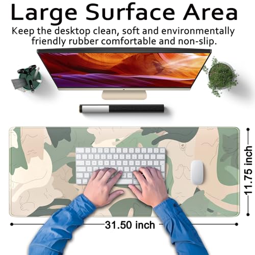 Green Simple Cat Desk Mat Sleeping Cute Long Cool Mouse Pad for Laptop Gaming Computer Keyboard Pad Office Decor Desk Pads...