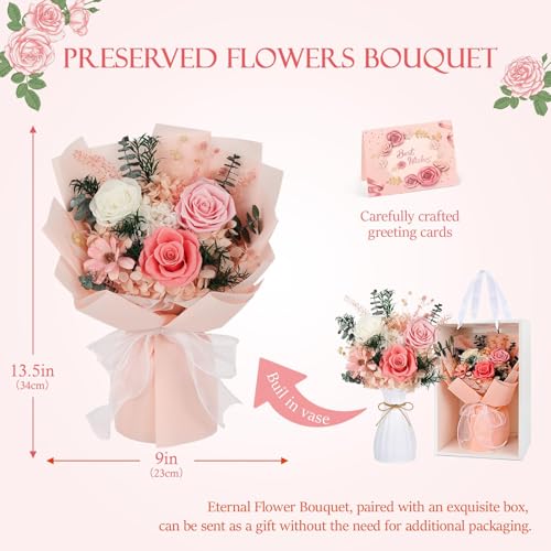 Flowers for Delivery Prime Preserved Flowers Bouquet with Vase That Last 3-5 Years Real Forever Flowers Pink Rose Bouquet ...