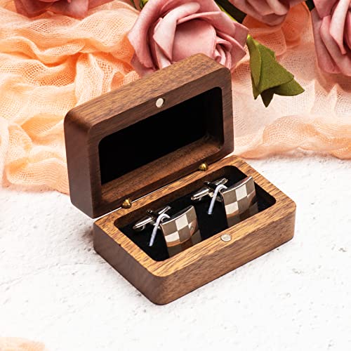 COSISO Natural Walnut Wooden Cufflink Box For Jewelry Storage,Small Cuff Links Display Case for Men (A)