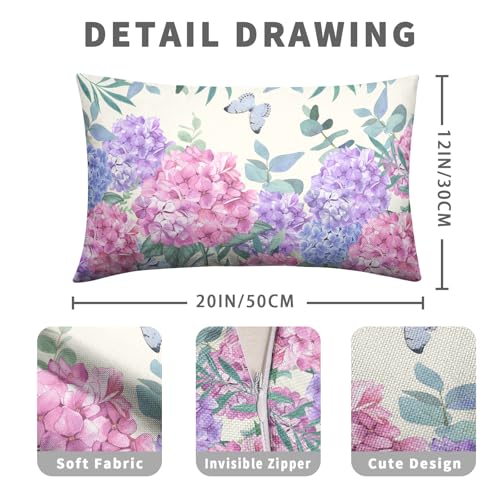 Kwlegh Pink Hydrangea Lumbar Pillow Covers Spring Flowers Outdoor Pillow Covers 12x20 Set of 2 Purple Pink Hydrangea Eucal...