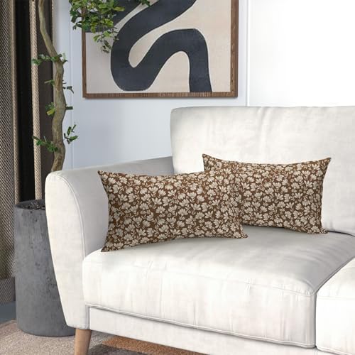 Kawani Brown Beige Daisy Floral Lumbar Pillow Covers, Vintage Flowers 12x20 Inch Set of 2, Block Print Cotton Linen Throw ...