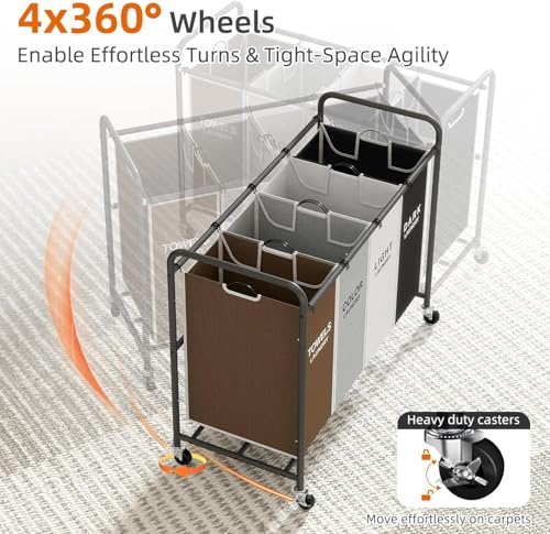 ROMOON Laundry Hamper Sorter Cart: 4-Section Organizer with Heavy-Duty Lockable Wheels and Removable Bags | 180L Rolling L...
