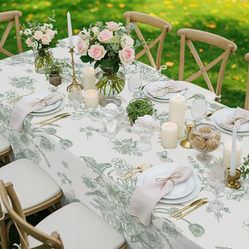 3 Pack Sage Green Floral Plastic Tablecloths, 54 X 108Inch Tea Party Tablecloth Disposable Table Cloths Green and White Po...