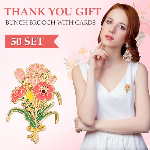 Remuuly 25 Sets Thank You Gift for Women Pink Flower Brooch Pins Bulk with Card Bags Appreciation Gift for Coworker Teache...