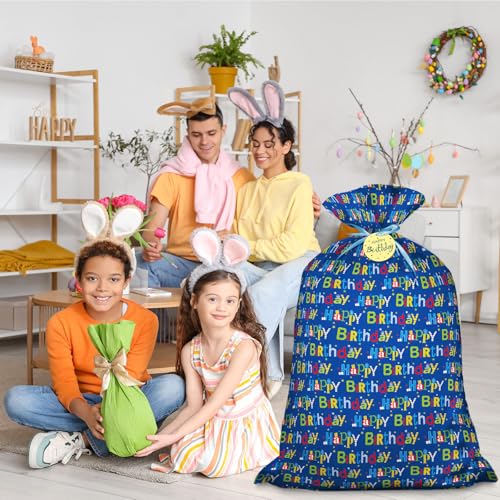 Laidans 56" Extra Large Blue Plastic Gift Bag, Jumbo Happy Birthday Gift Bag with Tag and Tie for Boy Kids Birthdays Parti...