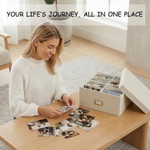 LEARNIBEE Decorative Photo Storage Box, Sturdy Linen Photo Organizer with Dividers & Envelopes, Holds Up to 1700 Pictures ...