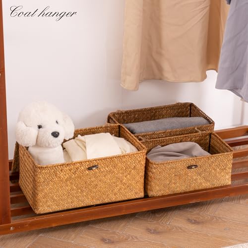 Nonam Storage Basket with Lid, Natural Seagrass Bin with Lid Set of 3, Shelf Baskets Multipurpose Container for Boho Decor...