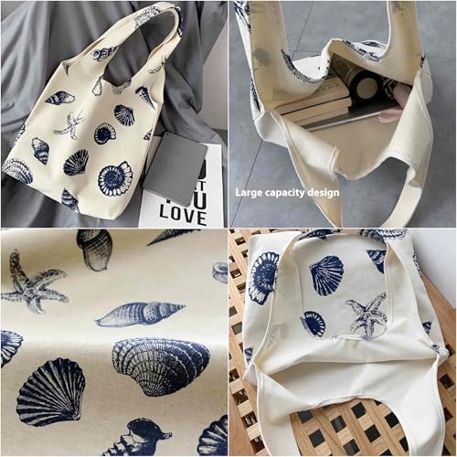 Beach Inspired Canvas Tote Bag For Women, Nautical Seashell And Starfish Print, Casual Shoulder Bag Aesthetic, Cute Small ...