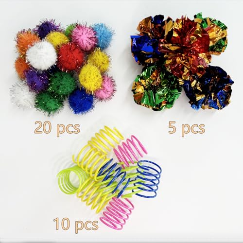 hersmile Cat Toys for Indoor,35 Pack Interactive Cat Toy Pack Including Crinkle Balls,Sparkle Balls,Spiral Springs for Mos...