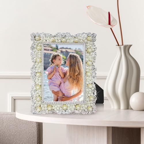 QPQIYIY 4x6 Pearl Picture Frame with Tempered Glass, Elegant Jewel Photo Frame with Rhinestones for Home Decor Tabletop Ho...