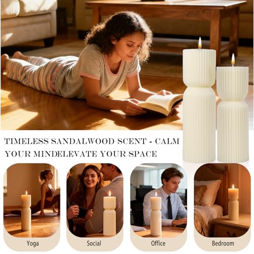 Aesthetic Sandalwood Scented Candles,Ribbed Pillar Candle Set of 2 (7.87" & 9.05" Tall), Natural Soy Wax Minimalist Geomet...